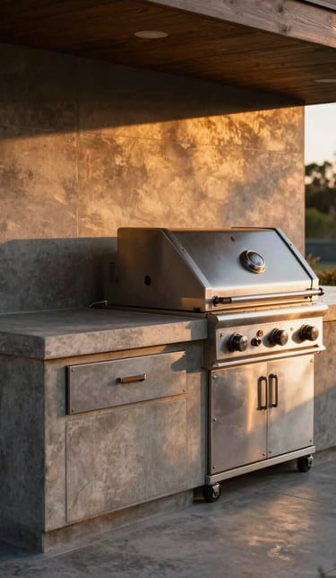 Close-up of custom outdoor custom BBQ area, architectural concrete counters, premium stainless steel grill, warm golden-hour light, sharp focus.