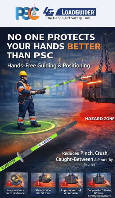 Hands-free lifting safety website design for PSC LoadGuider push pull stick with blue footer and cle