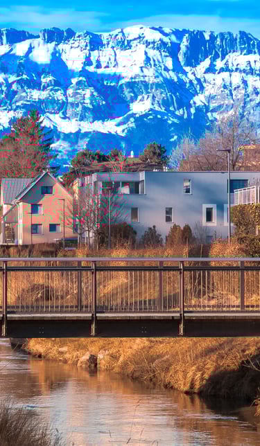 Scenic alpine town in Liechtenstein with modern homes, a small river and footbridge in the foregroun