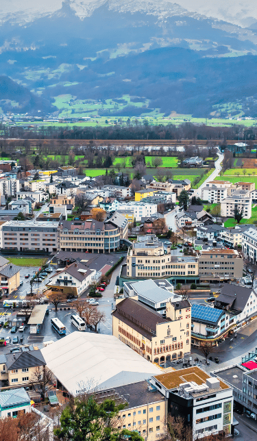 Colorful aerial panorama of Vaduz, Liechtenstein, showcasing modern city buildings, green Rhine Vall
