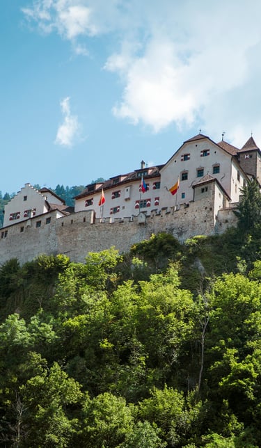 Majestic Vaduz Castle perched on a forested hilltop in Liechtenstein, with sunlit medieval walls, co
