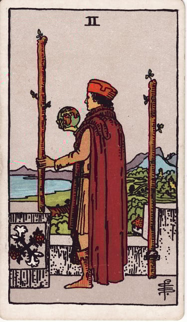 Two of Wands Tarot Card Meaning – Tarot illustration representing planning, decision-making, and loo