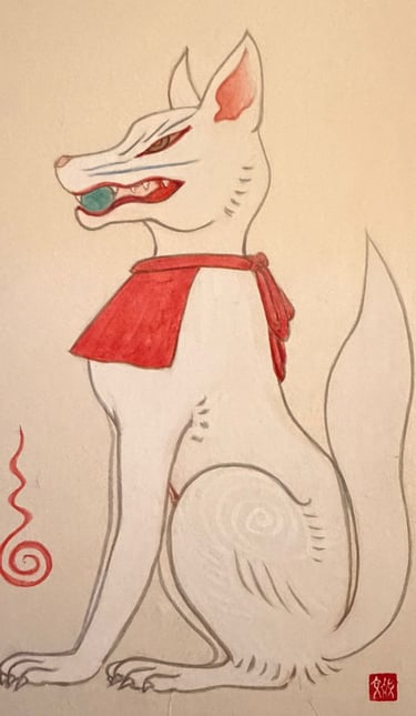 Enlarged detail of the right fox figure from Tōryanse — showing spiral lines painted in gofun