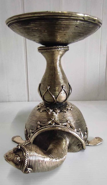 "Designer brass turtle with central light holder and detailed pattern, front side-Designed for export"