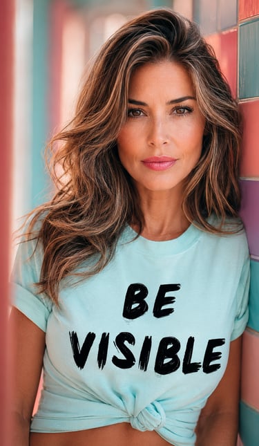 Femme portant un t-shirt « Be Visible », rends ton image de marque visible avec M.I.U.