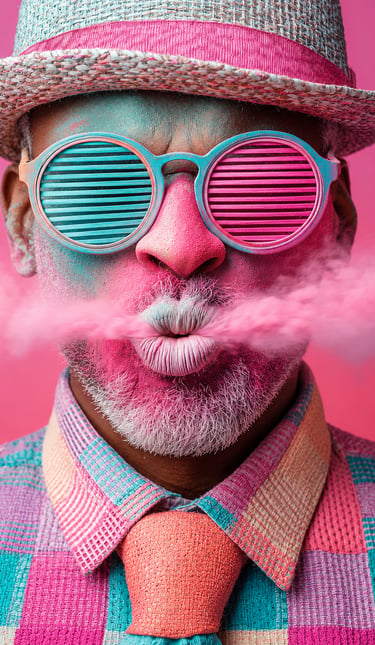 Homme au style pop et coloré, branding audacieux pour entrepreneur singulier.