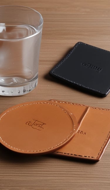 a glass of water with leather coasters