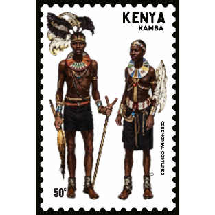 a stamp with a picture of a Kamba couple in native clothing