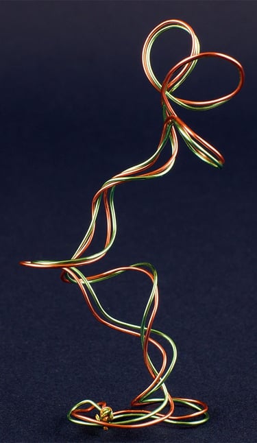 Abstract metal wire sculpture evoking a person pacing to and fro