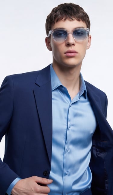 A male model in a navy blue suit and light blue silk shirt wearing clear frame sunglasses.