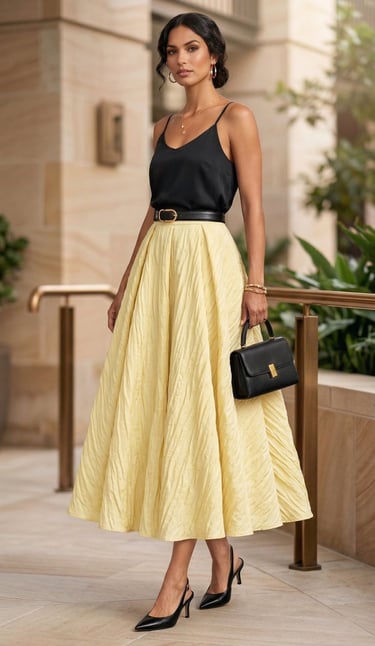 Falda midi amarilla · Tablas encontradas · Tela texturizada · Cintura alta