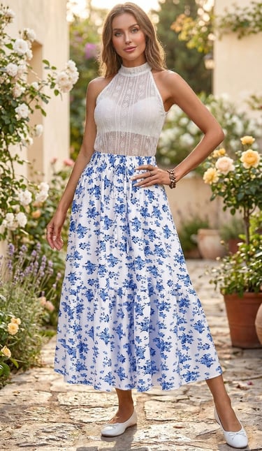 Falda maxi escalonada · Estampado floral azul · Cintura elástica · Estilo boho-verano