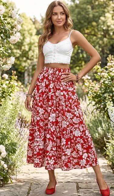 Falda maxi escalonada · Estampado floral rojo · Cintura elástica · Estilo boho-romántico