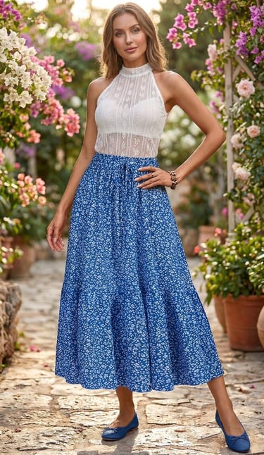Falda maxi escalonada · Estampado floral azul · Cintura elástica · Estilo boho-verano