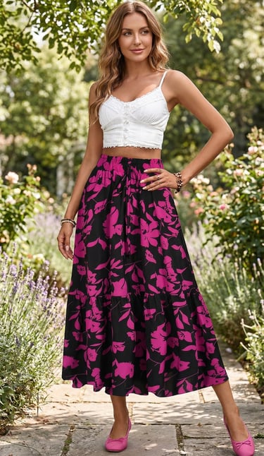 Falda maxi escalonada · Estampado floral fucsia · Cintura elástica · Estilo boho