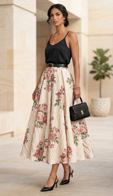 Falda midi de tablas · Estampado de rosas · Cintura alta · Estilo vintage años 50