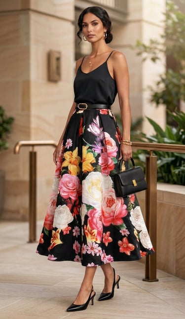 Falda midi de tablas · Estampado multicolor · Cintura alta · Estilo floral negro