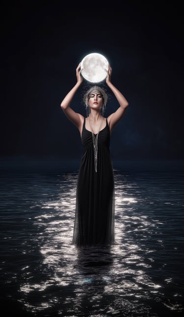 femme qui se tient dans l'eau, la nuit, et tient la pleine lune dans ses mains
