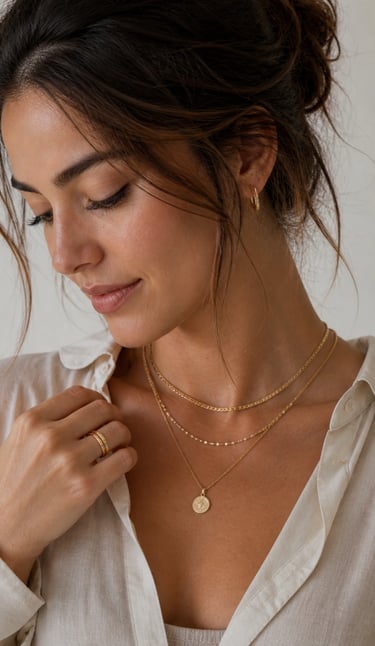 A woman wearing layered gold necklaces, a gold coin pendant, and matching gold hoop earrings.