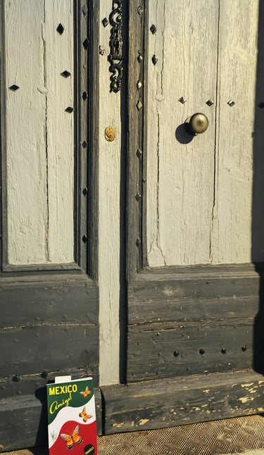 "Mexico Amiga!" book in front of doors in Marseillan old town