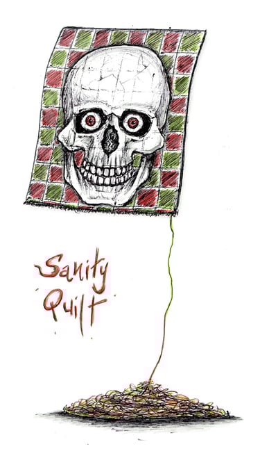 Sanity Quilt; skull with red eyes on an unraveling quilt