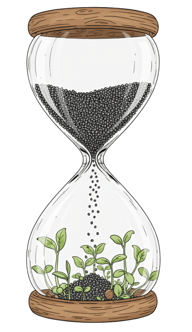 A glass hourglass, © 2025