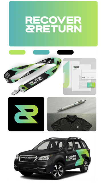 Branded identity for Recover and Return featuring logo on a lanyard, stationery, pen, polo shirt, and car wrap.