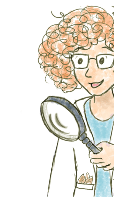 a woman in a lab coat holding a magnifying glass