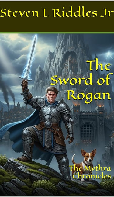 Book cover to The Sword of Rogan, showing a man with a sword and a small brown and white dog