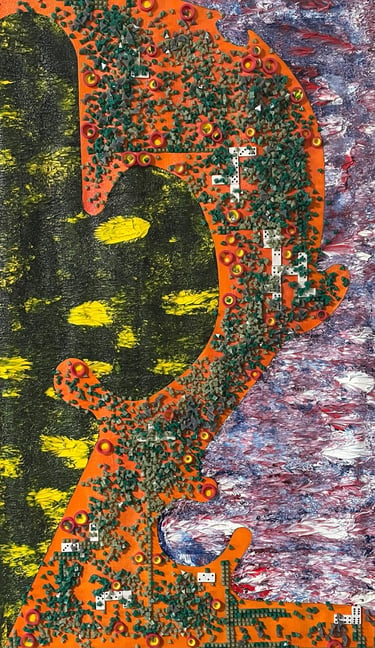 Abstract mixed media art with orange shapes, green textures, and dominoes on a vibrant painted canvas.