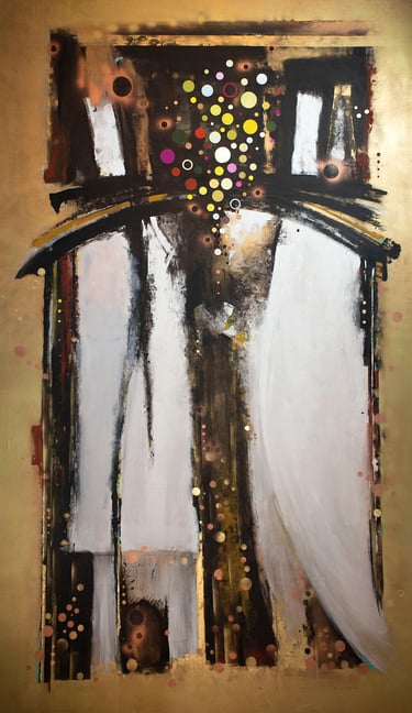 Abstract contemporary art painting with gold leaf accents, bold black brushstrokes, and colorful circular patterns.