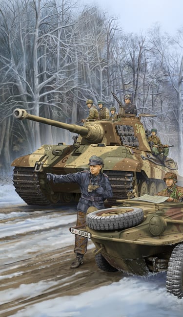 Book cover illustration of Battle of Ardennes 1944 WWII, Peiper, military boxart and book cover illu