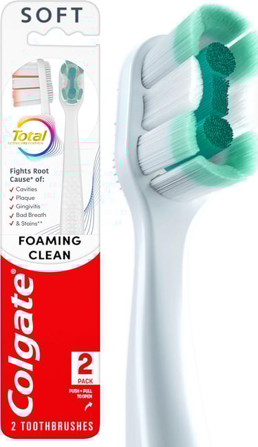 Colgate foaming clean soft bristle manual toothbrush in a 2 pack