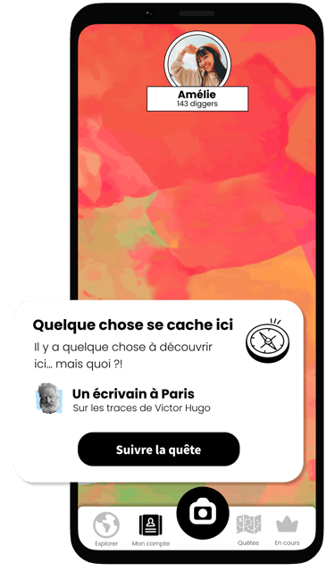 Capture d'écran de l'application Diggers montrant l'apparition d'un point à découvrir sur la map occultée