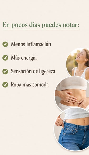 Beneficios de desinflamación abdominal y bienestar corporal con menos inflamación y más energía.