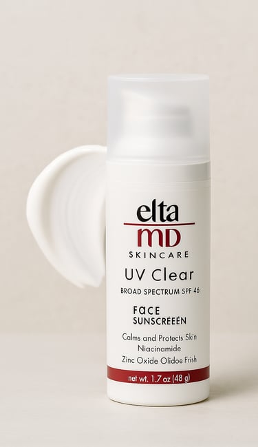 EltaMD UV Clear face sunscreen SPF 46 with a white swatch on a neutral background