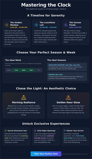 Infographic guide for visiting Doge's Palace in Venice with optimal times, seasons, and tour highlights.