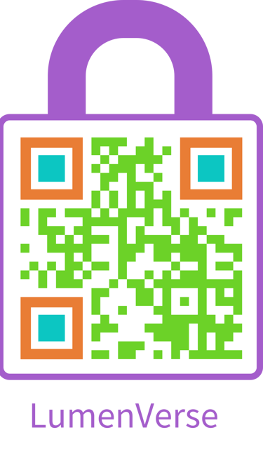 Orange, purple and green QR code for LumenVerse Store of Kathy LaFollett's print on demand merchandise.