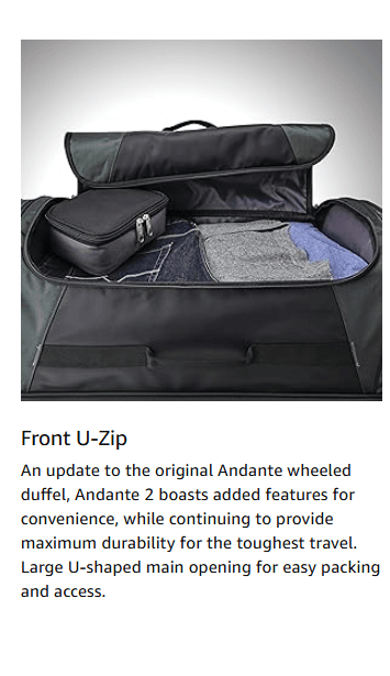 Rolling duffle bag with durable wheels, perfect for long-haul trips