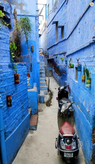 Narrow blue-painted street in Jodhpur, reflecting the vibrant culture and heritage of Rajasthan’s Blue City.