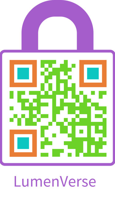 Orange, purple and green QR code for LumenVerse Store of Kathy LaFollett's print on demand merchandise.