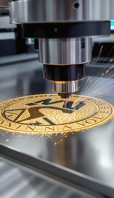 CNC engraving machine etching logo into aluminum plate