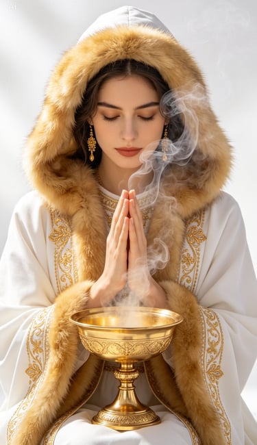 A woman in a white fur-trimmed robe praying over a smoking golden incense bowl.
