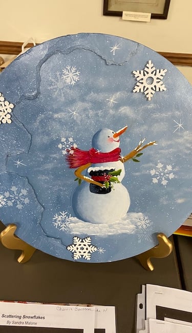 Fran Prebish, Sandra Malone, acrylic, snowman, torn paper frame, snowflakes