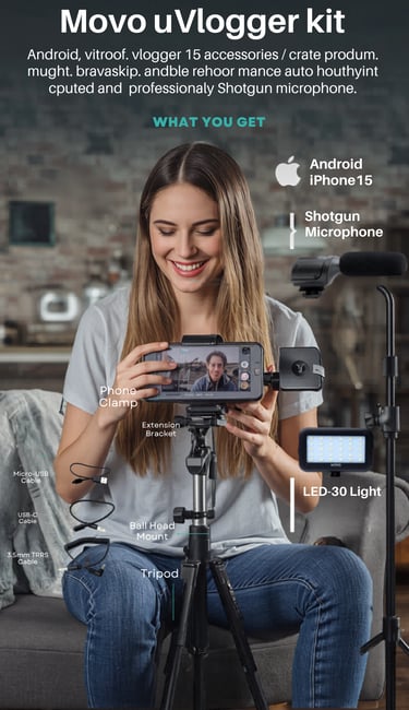 Movo uVlogger kit for Android and iPhone featuring a tripod, LED light, and shotgun microphone.