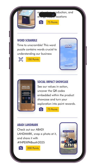 Event gamification app menu screen showing available digital missions and booth activities