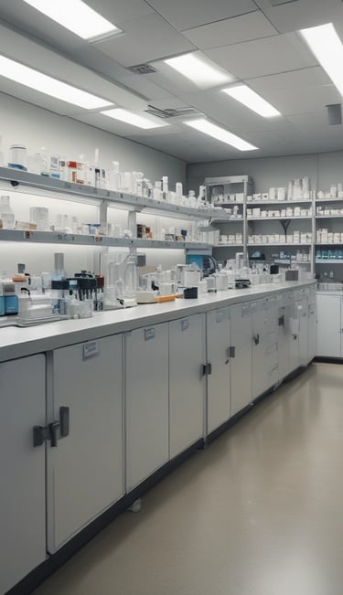 Visual of pharmaceutical products alongside regulatory paperwork symbolizing market authorization expertise.