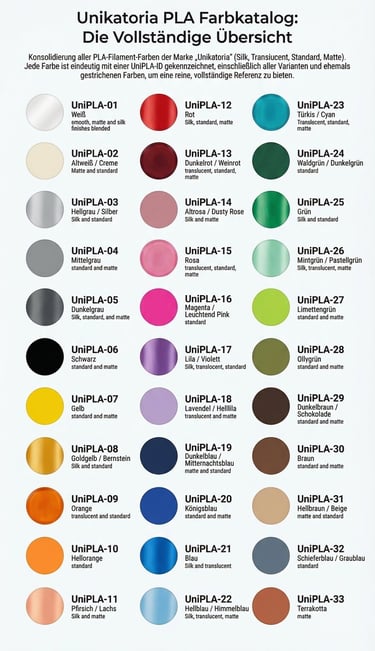 Unikatoria PLA filament color chart showing 33 different 3D printing material swatches and shade names.