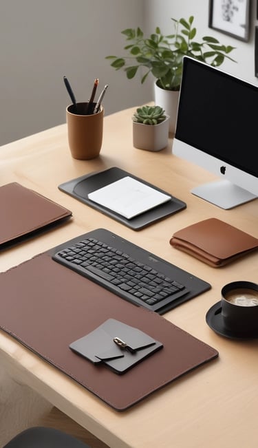 a desk with a computer and a keyboard with leather amenities