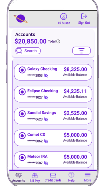 Orbit Financial Mobile Banking App accounts page